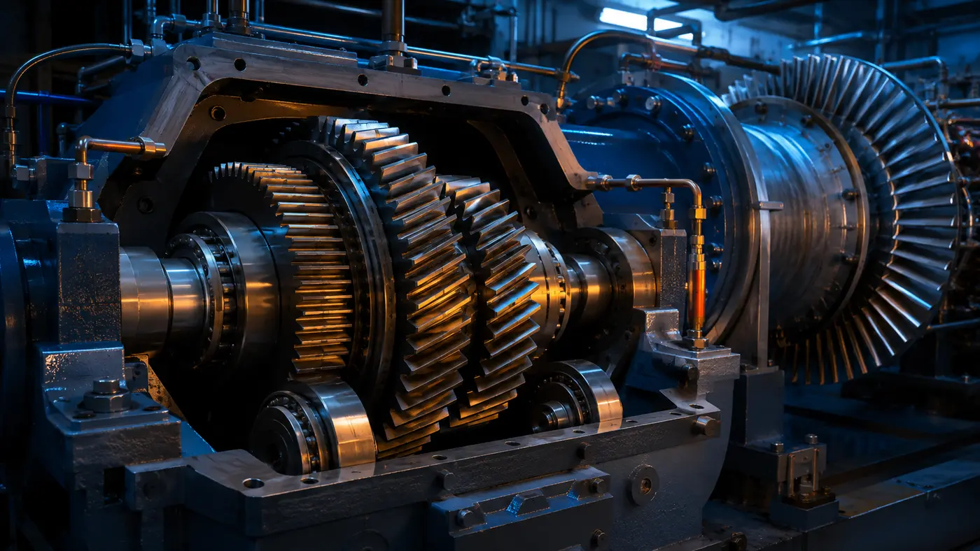 Industrial gearbox and compressor machinery under technical lighting