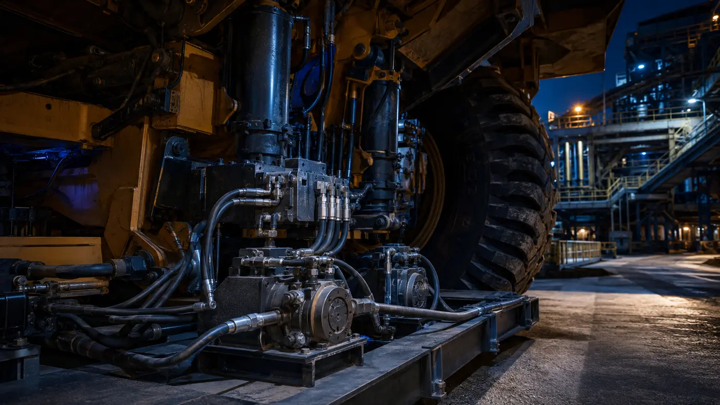 Mining haul-truck hydraulic system at an industrial site