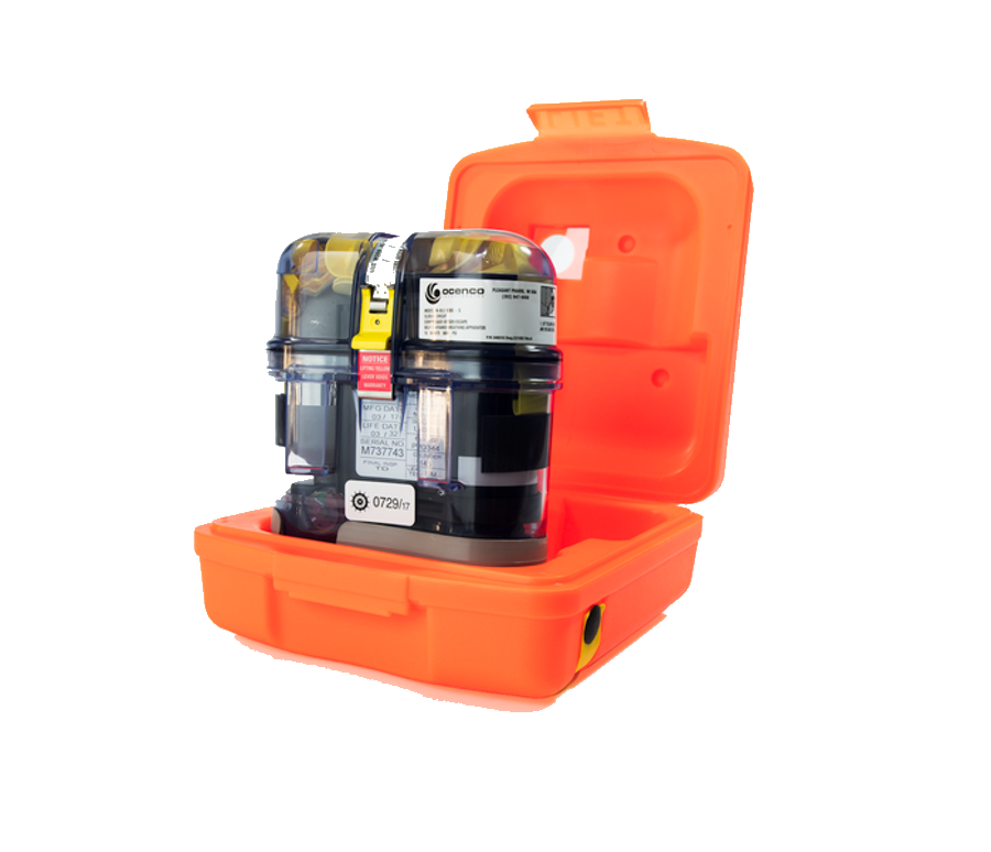 Ocenco M-20.2 emergency escape breathing devices in orange protective case