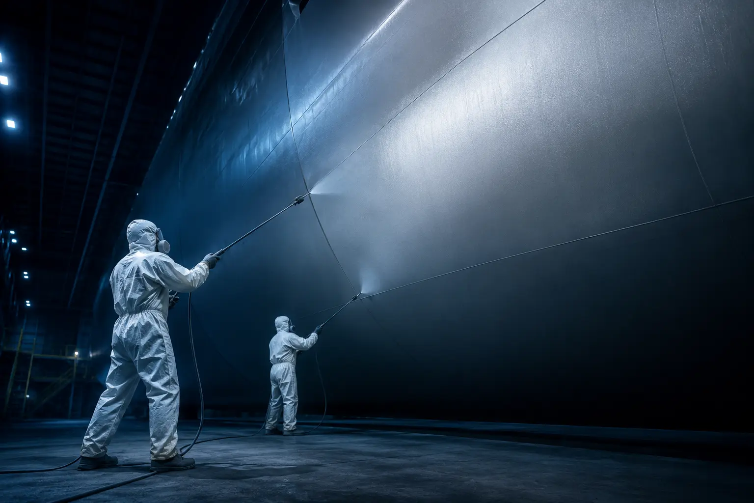 Protective coating application on a commercial vessel hull