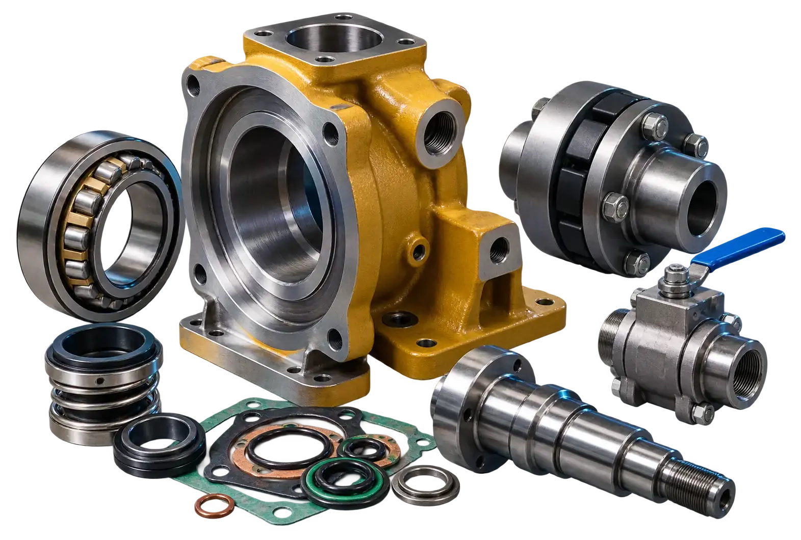 Industrial bearings, seals, couplings, valves and machined replacement parts